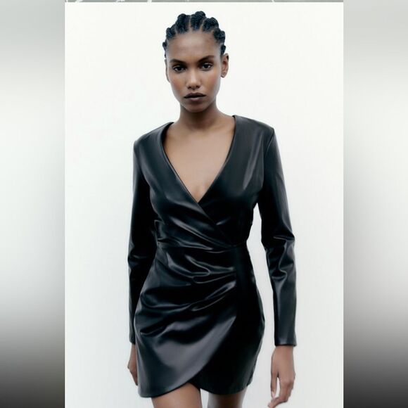 Zara Faux LeatherĀ DrapedāDressāSizeāSmall - Picture 1 of 7